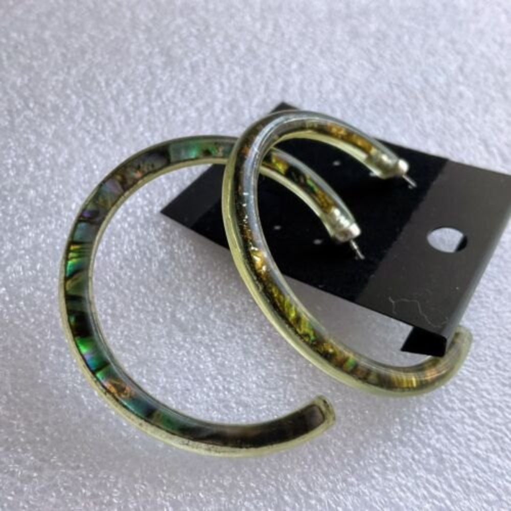 Slender Plastic  Hoop Pierced Earring Resin Filled With Abalone